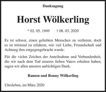 Traueranzeige von Horst Wölkerling  von Magdeburger Volksstimme