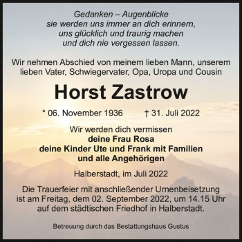 Traueranzeige von Horst Zastrow  von Magdeburger Volksstimme