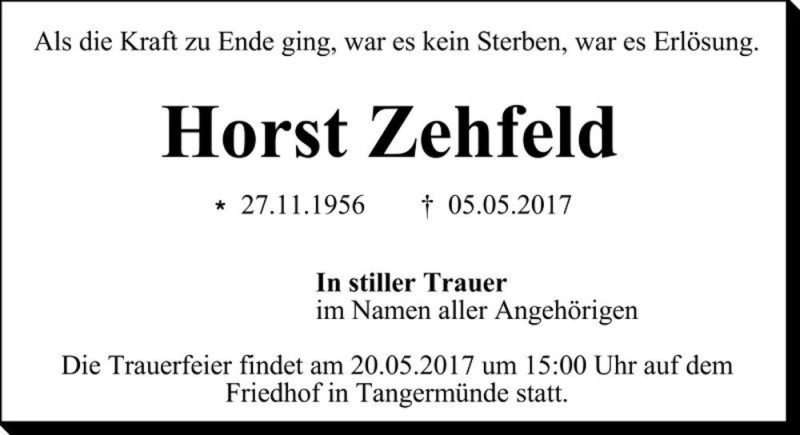  Traueranzeige für Horst Zehfeld  vom 13.05.2017 aus Magdeburger Volksstimme
