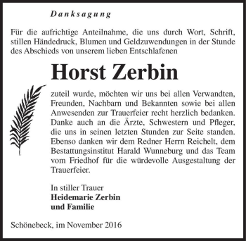 Traueranzeige von Horst Zerbin  von Magdeburger Volksstimme