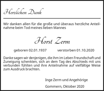 Traueranzeige von Horst Zerm  von Magdeburger Volksstimme