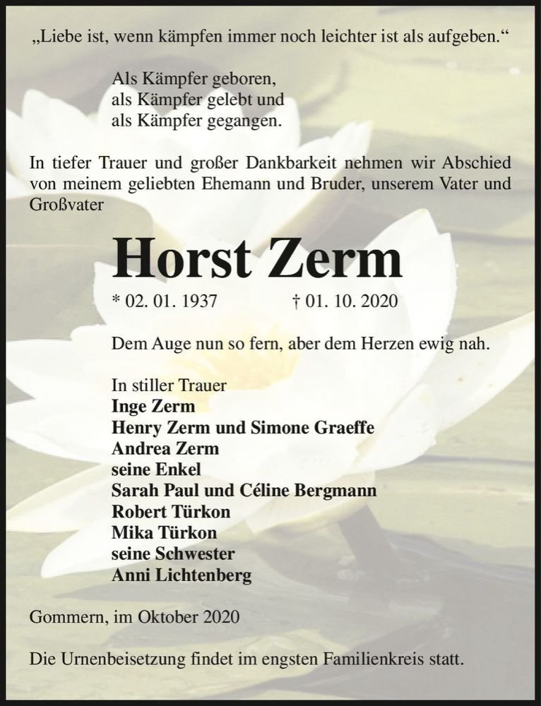  Traueranzeige für Horst Zerm  vom 10.10.2020 aus Magdeburger Volksstimme