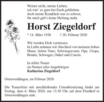 Traueranzeige von Horst Ziegeldorf  von Magdeburger Volksstimme