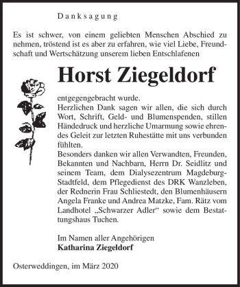 Traueranzeige von Horst Ziegeldorf  von Magdeburger Volksstimme