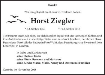Traueranzeige von Horst Ziegler  von Magdeburger Volksstimme