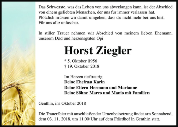 Traueranzeige von Horst Ziegler  von Magdeburger Volksstimme