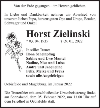 Traueranzeige von Horst Zielinski  von Magdeburger Volksstimme
