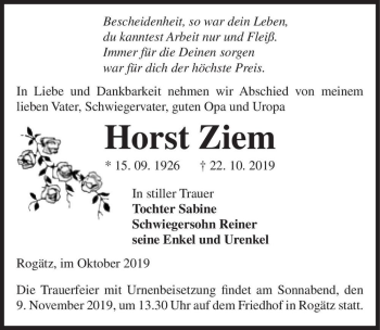 Traueranzeige von Horst Ziem  von Magdeburger Volksstimme