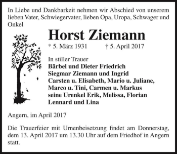 Traueranzeige von Horst Ziemann  von Magdeburger Volksstimme