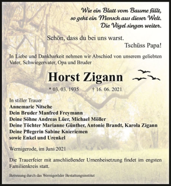 Traueranzeige von Horst Zigann  von Magdeburger Volksstimme