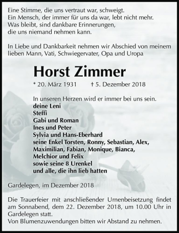 Traueranzeige von Horst Zimmer  von Magdeburger Volksstimme