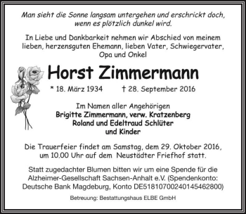Traueranzeige von Horst Zimmermann  von Magdeburger Volksstimme
