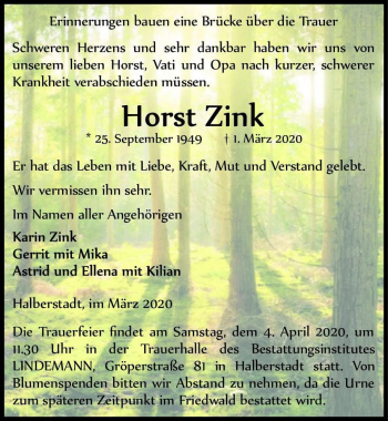 Traueranzeige von Horst Zink  von Magdeburger Volksstimme