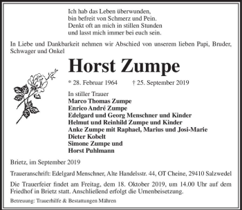 Traueranzeige von Horst Zumpe  von Magdeburger Volksstimme