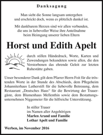 Traueranzeige von Horst und Edith Apelt  von Magdeburger Volksstimme