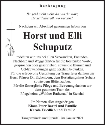 Traueranzeige von Horst und Elli Schuputz  von Magdeburger Volksstimme