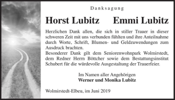 Traueranzeige von Horst und Emmi Lubitz  von Magdeburger Volksstimme