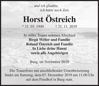 Traueranzeige von Horst Östreich  von Magdeburger Volksstimme