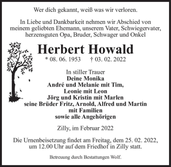 Traueranzeige von Howald Herbert  von Magdeburger Volksstimme