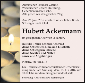 Traueranzeige von Hubert Ackermann  von Magdeburger Volksstimme