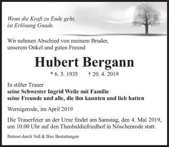 Traueranzeige von Hubert Bergann  von Magdeburger Volksstimme