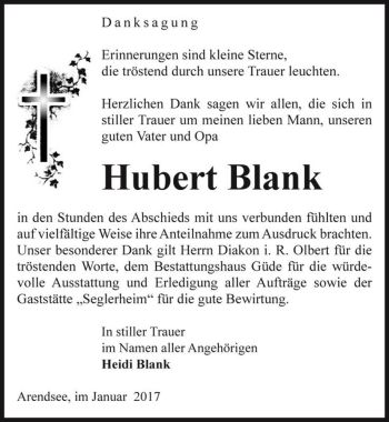 Traueranzeige von Hubert Blank  von Magdeburger Volksstimme