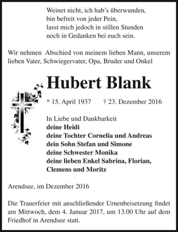 Traueranzeige von Hubert Blank  von Magdeburger Volksstimme