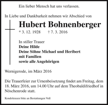 Traueranzeige von Hubert Bohnenberger  von Magdeburger Volksstimme