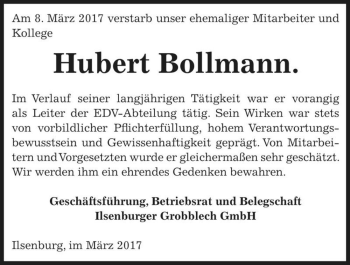 Traueranzeige von Hubert Bollmann  von Magdeburger Volksstimme