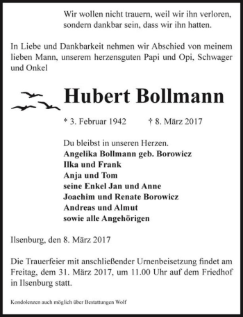 Traueranzeige von Hubert Bollmann  von Magdeburger Volksstimme
