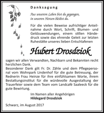 Traueranzeige von Hubert Drosdziok  von Magdeburger Volksstimme