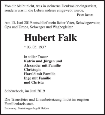 Traueranzeige von Hubert Falk  von Magdeburger Volksstimme