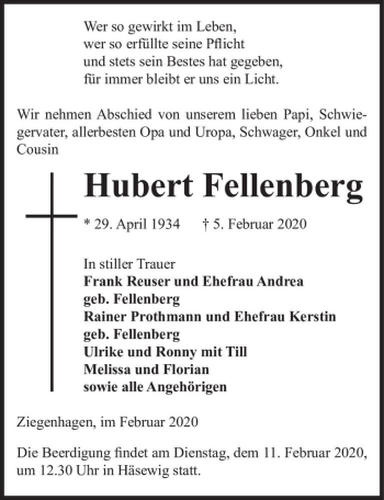 Traueranzeige von Hubert Fellenberg  von Magdeburger Volksstimme