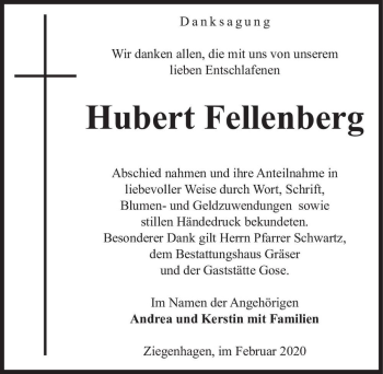 Traueranzeige von Hubert Fellenberg  von Magdeburger Volksstimme