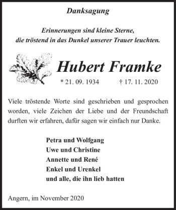 Traueranzeige von Hubert Framke  von Magdeburger Volksstimme