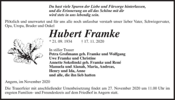 Traueranzeige von Hubert Framke  von Magdeburger Volksstimme