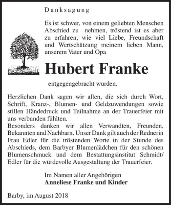 Traueranzeige von Hubert Franke  von Magdeburger Volksstimme