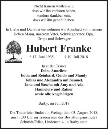 Traueranzeige von Hubert Franke  von Magdeburger Volksstimme