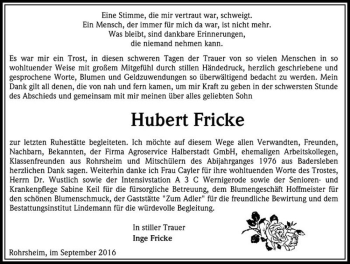Traueranzeige von Hubert Fricke  von Magdeburger Volksstimme