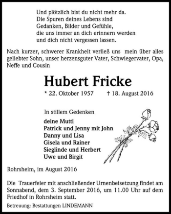 Traueranzeige von Hubert Fricke  von Magdeburger Volksstimme