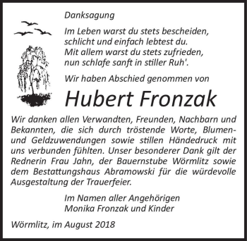 Traueranzeige von Hubert Fronzak  von Magdeburger Volksstimme