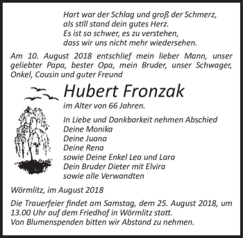 Traueranzeige von Hubert Fronzak  von Magdeburger Volksstimme