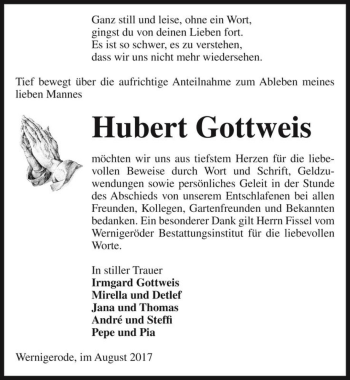 Traueranzeige von Hubert Gottweis  von Magdeburger Volksstimme