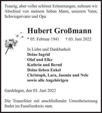 Traueranzeige von Hubert Großmann  von Magdeburger Volksstimme