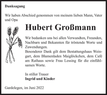 Traueranzeige von Hubert Großmann  von Magdeburger Volksstimme