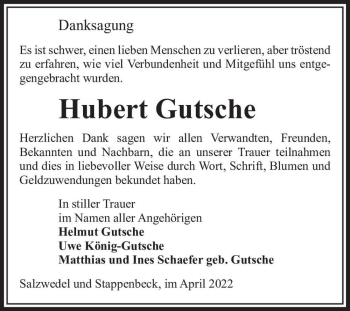 Traueranzeige von Hubert Gutsche  von Magdeburger Volksstimme