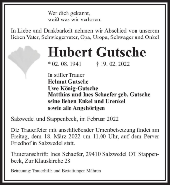 Traueranzeige von Hubert Gutsche  von Magdeburger Volksstimme