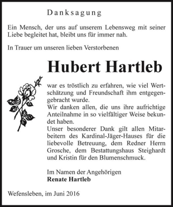 Traueranzeige von Hubert Hartleb  von Magdeburger Volksstimme