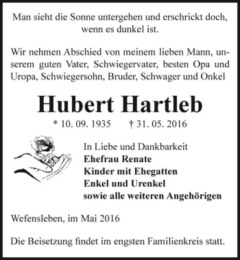 Traueranzeige von Hubert Hartleb  von Magdeburger Volksstimme