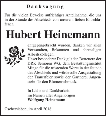 Traueranzeige von Hubert Heinemann  von Magdeburger Volksstimme